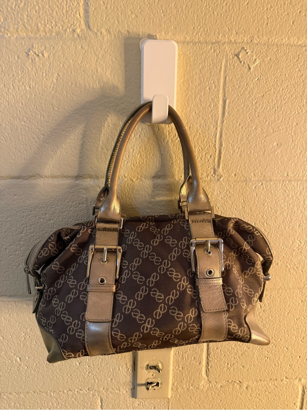 Express Brown Logo-Print Satchel with Metallic Tan Trim